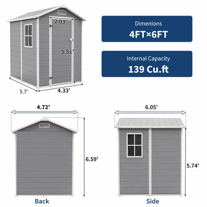 Outdoor Storage Shed with Floor, Plastic Resin Garden Shed with Window & Sloping Roof & Lockable Door for Patio Backyard Garden, Lawn Mower, Bike, Tool Storage (Light Gray, 4' x 6')