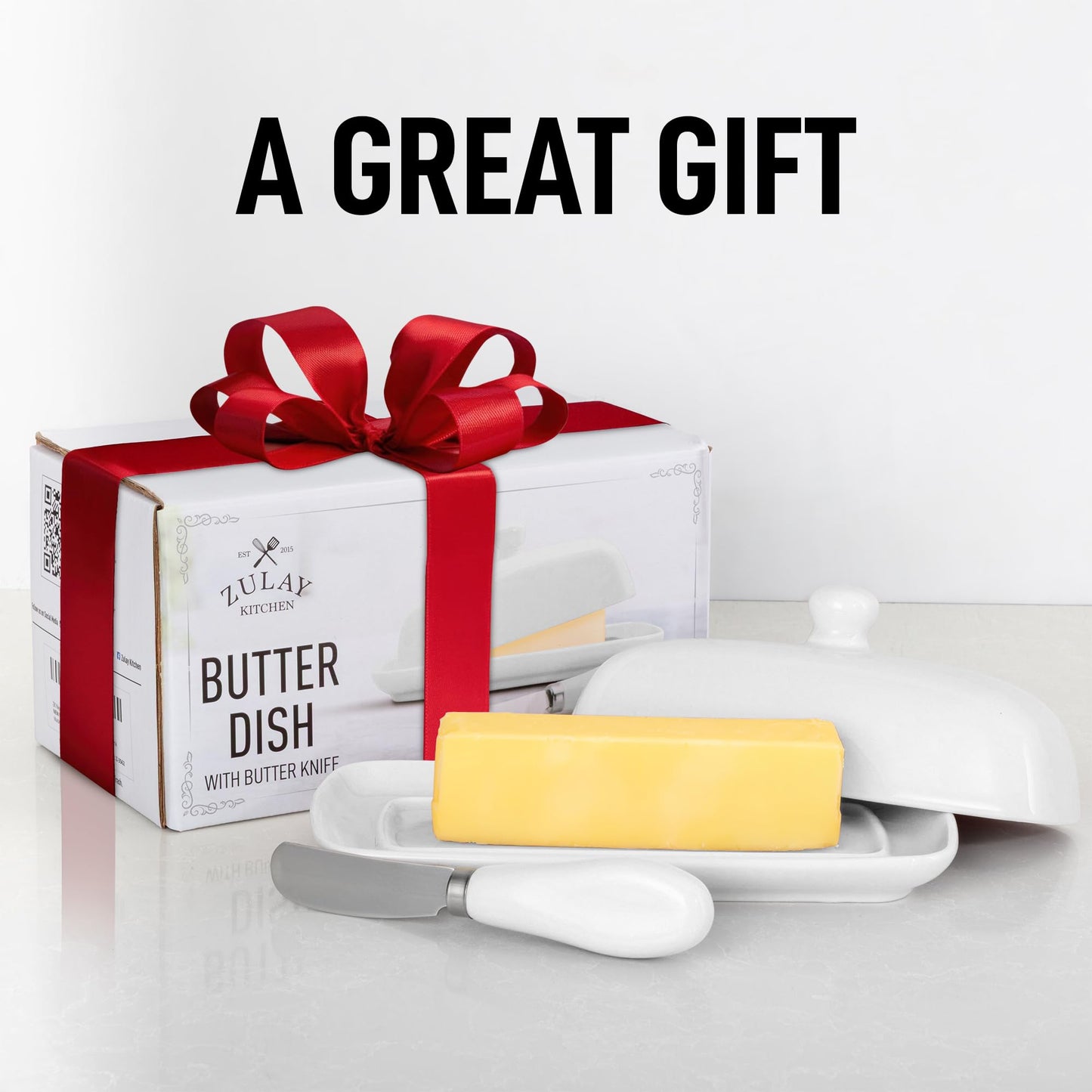 Zulay Kitchen Ceramic Butter Dish with Lid For Countertop & Stainless Steel Knife – Keeps Butter Soft & Fresh – White Butter Dish with Easy-Grip Knob, Durable & Everyday Butter Holder for Home - White