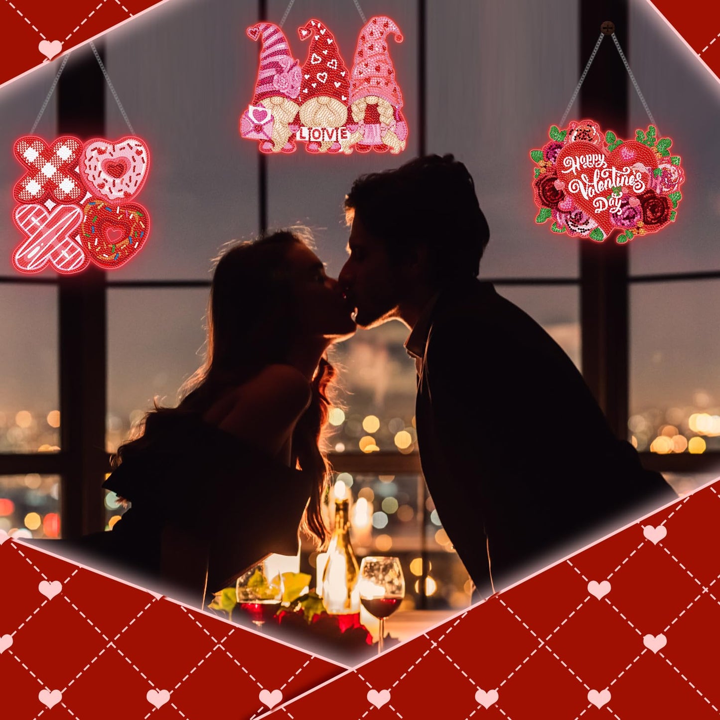 Chiisong 6 Pcs Valentine's Day Diamond Art Painting Kits Glow in The Dark Diamond Hanging Sign Flower Truck Wreath Love Gnome Hanging Ornaments for DIY Adult Beginner Holiday Door Wall Decoration Gift