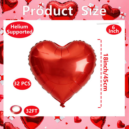32 Pieces 18 Inches Red Heart Balloons – Large Foil Mylar Balloons for Valentine’s Day, Wedding, Anniversary, Proposal, Birthday, Romantic Party, and Love-Themed Decorations