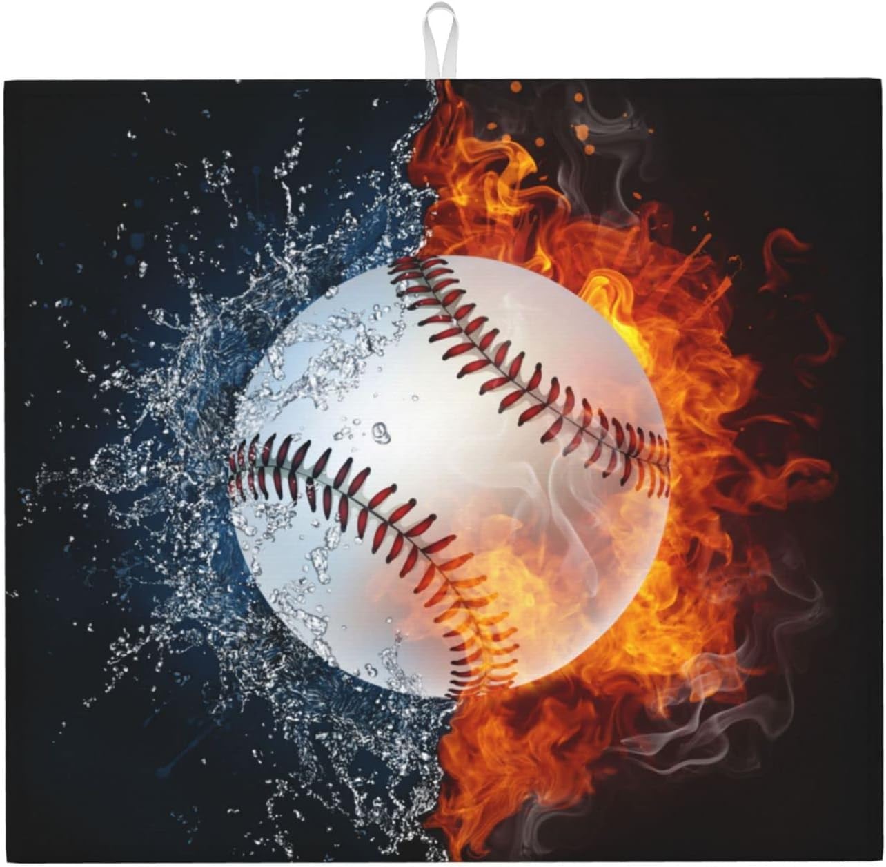 Baseball Dish Drying Mat 18x16 in, Sports-Themed Absorbent Pads with Cool Fire & Water, Drainer Mats for Kitchen Counter