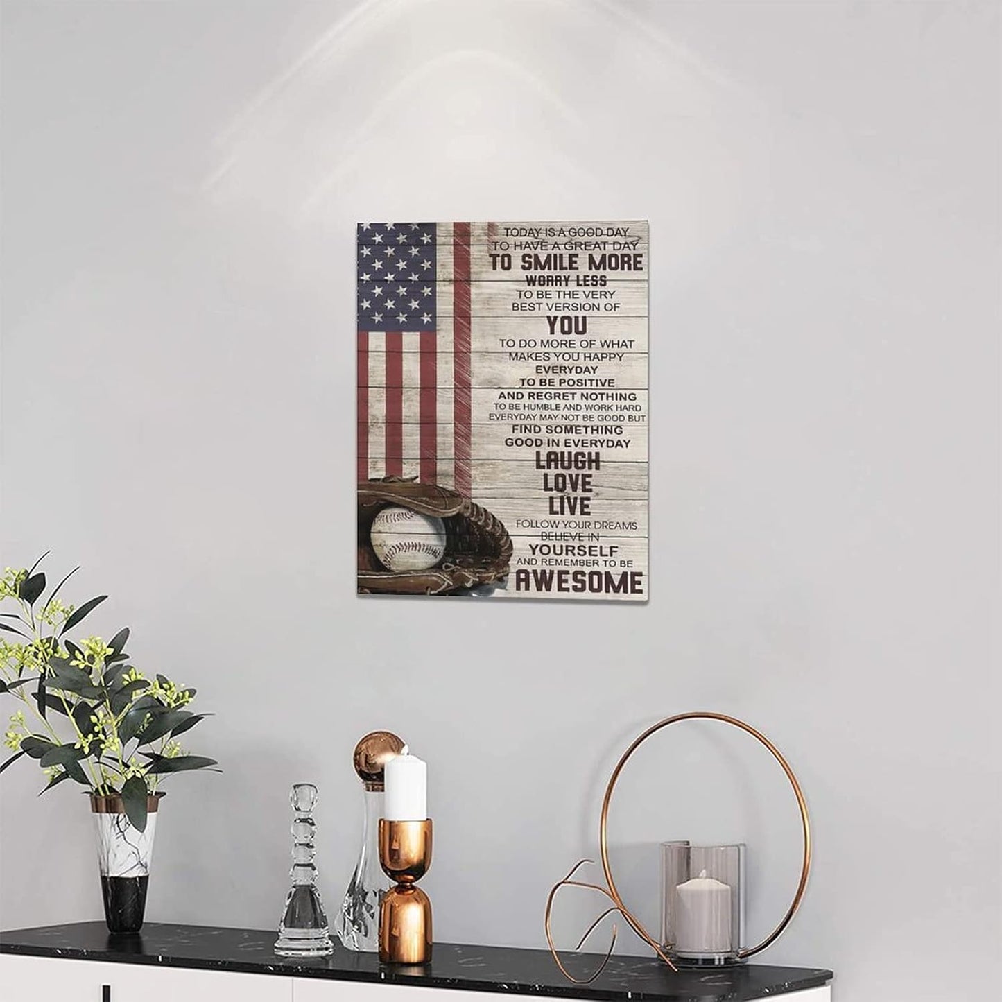 Inspirational Baseball Wall Art - Sport Theme Canvas Prints with American Flag, Motivational Quotes for Home Decor