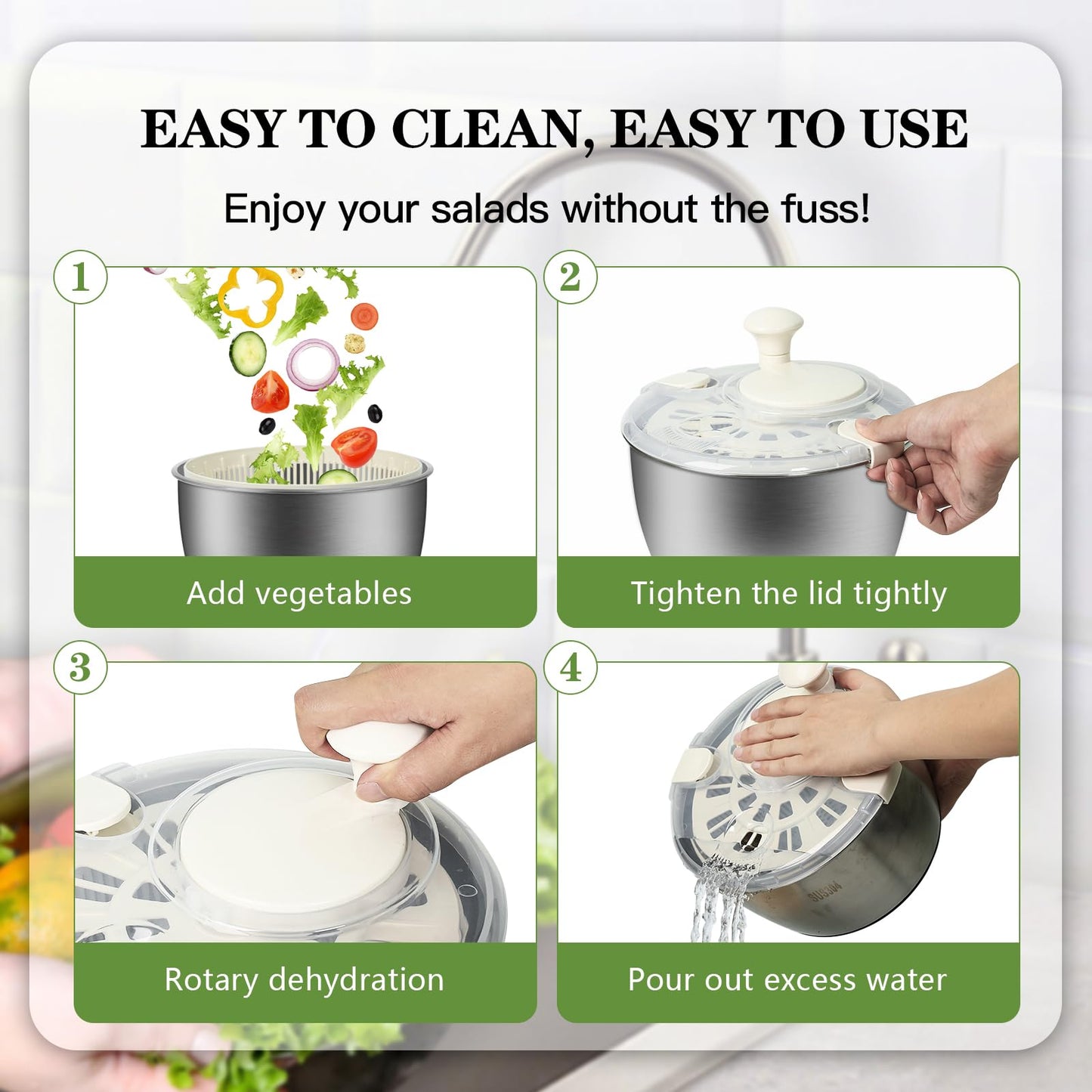 NIOSAVM 5Qt Stainless steel Salad Spinner, lettuce spinners,salad spinner BPA-Free small,Vegetable Dryer,Vegetable Washer,colander for kitchen,salad dryer spinner,fruit cleaner spinner