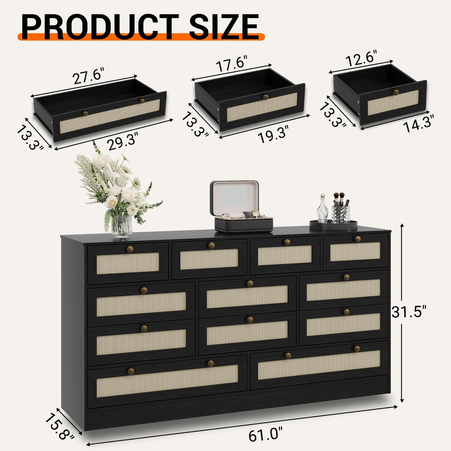 GarveeHome 12 Drawer Wooden Dresser for Bedroom, Rattan Chest of Drawers for Closet, Living Room, Hallway, 61 Inch Wood Wide TV Stand Dressers for 65 Inch TV, Modern Dresser for Adult Room