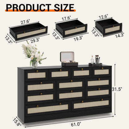 GarveeHome 12 Drawer Wooden Dresser for Bedroom, Rattan Chest of Drawers for Closet, Living Room, Hallway, 61 Inch Wood Wide TV Stand Dressers for 65 Inch TV, Modern Dresser for Adult Room