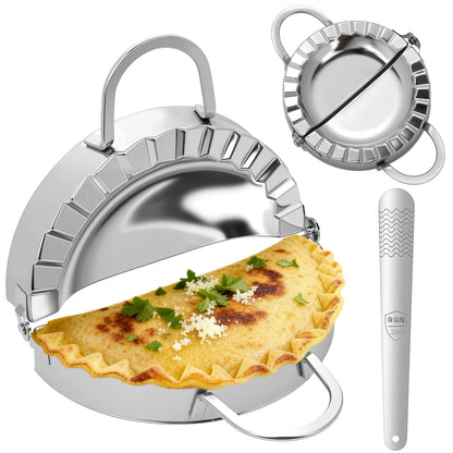 Empanada Maker Press, 6 Inch and 3.7 Inch Stainless Steel Tortilla Crimper Sealer with 1 Wonton Wrappers Tool, 2-in-1 Dough Cutter & Mold for Empanadas, Dumplings, Ravioli, Pierogi, Hand Pies