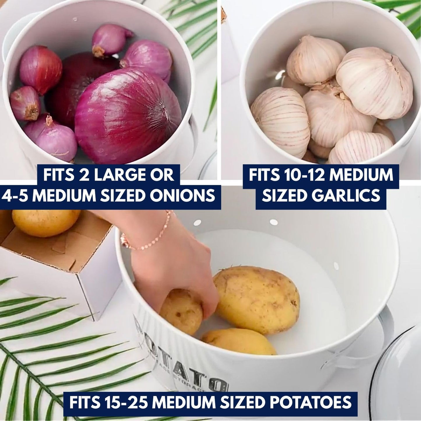 Granrosi Kitchen Vegetable Storage Set for Pantry & Countertop — Set of 3 Kitchen Containers Including Potato Bin, Onion Keeper & Garlic Storage; Rustproof Metal & Aeratic Holes; Farmhouse Style