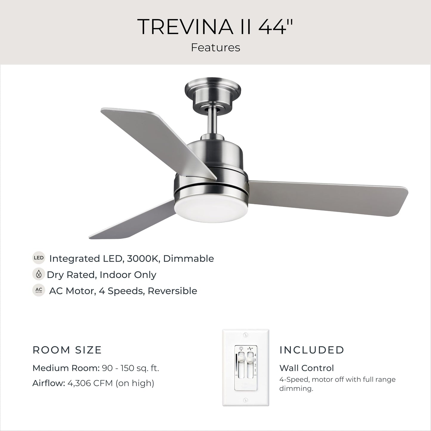 Progress Lighting Trevina II Collection 44" Three-Blade Brushed Nickel Ceiling Fan