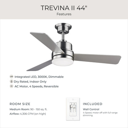 Progress Lighting Trevina II Collection 44" Three-Blade Brushed Nickel Ceiling Fan