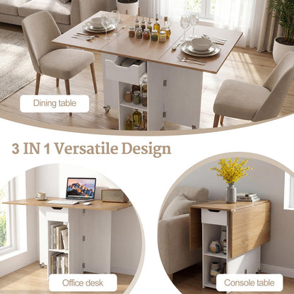 GOFLAME Drop Leaf Dining Table for 2-4, Folding Kitchen Table with Open Shelves & Drawer, Lockable Wheels, Space Saving Extendable Table for Dining Room, Living Room, Small Space, Natural & White