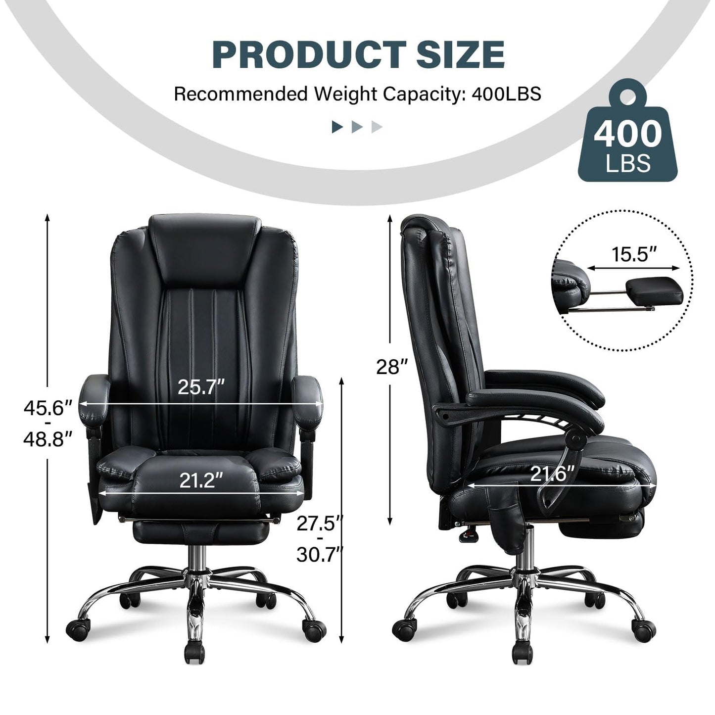 Thctvous Luxury Leather Executive Office Chair with Foot Rest, Reclining Massage Office Chair with Heat/Adjustable Backrest/Rolling Wheels/Soft Cushion, Heavy Duty, 400 Lbs Capacity (Leather, Black)