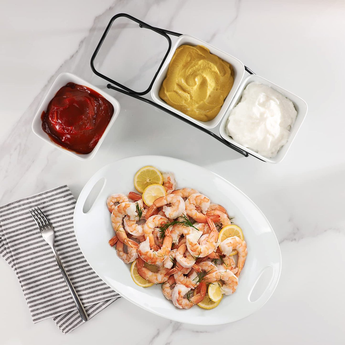 Buyajuju 3 pcs square bowl Porcelain Chip & Dip Serving Set with Black Metal Stand, 4.5inch White Small Serving Bowls for Side Dishes, Salsa, Appetizer, Serving Dishes for Entertaining 11.5 OZ