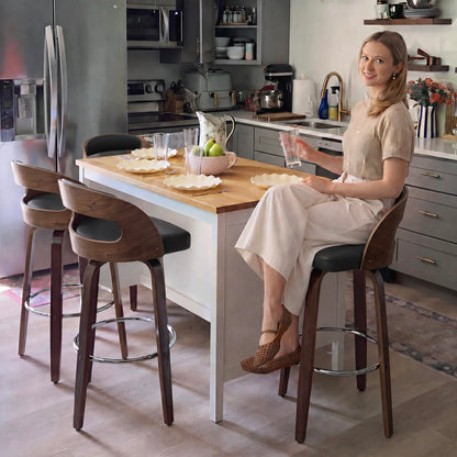 Mid Century Modern Counter Height Bar Stools Set of 2, 360° Swivel Counter Stools with Bentwood Walnut Frame, Upholstered Faux Leather Seat, Curved Back Kitchen Island Chairs, 25" Seat Height, Beige