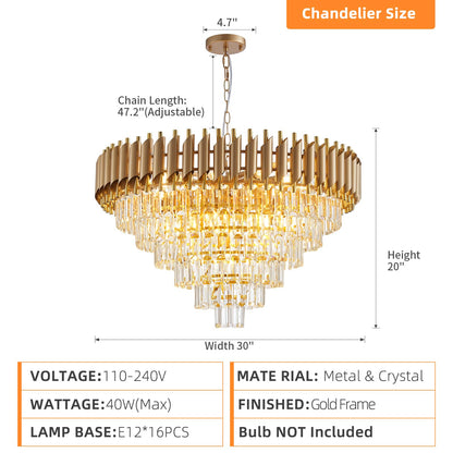 Aixialin Large Crystal Chandelier 30" Modern Hanging Crystal Pendant, 6 Tiers K9 Crystal Ceiling 16 Lights Fixtures, Round Pendant Lighting Large Chandelier for Entryway Dining Room Staircase
