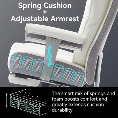 Efomao Big and Tall Office Chair with Footrest, 450lbs High Back Executive Chair with Spring Cushion, PU Leather Upholstery, Padded Armrests, Swivel Base, and Rolling Wheels – White Computer Chair