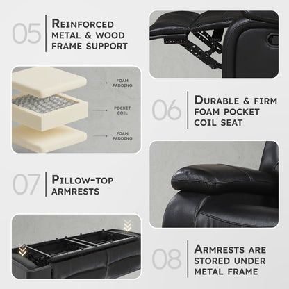 Lexicon Manual Double Reclining Loveseat - Top Grain Leather Match Manual Tab Pull Loveseat Recliner for Living Room, Wall Hugger, Pillow Top Arms, Padded Headrest, Foam Over Pocket Coils Seat, Black
