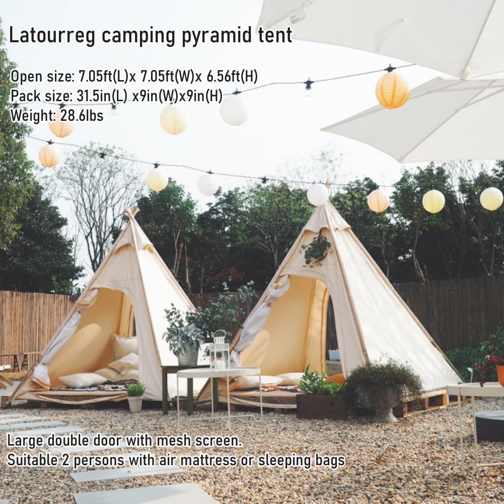 Latourreg 2 Person Outdoor Camping of 2M Canvas Camping Pyramid Tent Large Adult Teepee Pagoda Tent