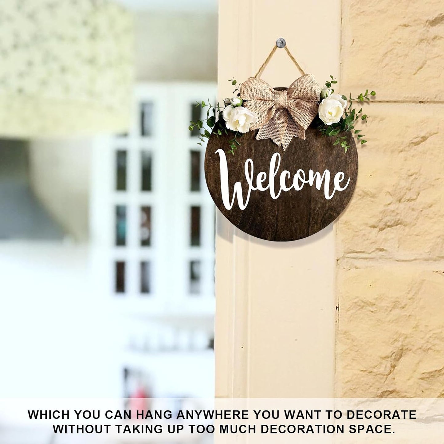 MayAvenue Welcome Wreaths Decor Sign, Round Wood Hanging Sign with Ribbon Bow and Green Leaves for Front Door