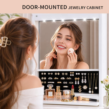 JOYUSAEN Over the Door Jewelry Organizer, Wall Mounted Jewelry Cabinet, Hanging Mirror with Storage Box, Wall/Door Mounted Full Length Mirror with LED