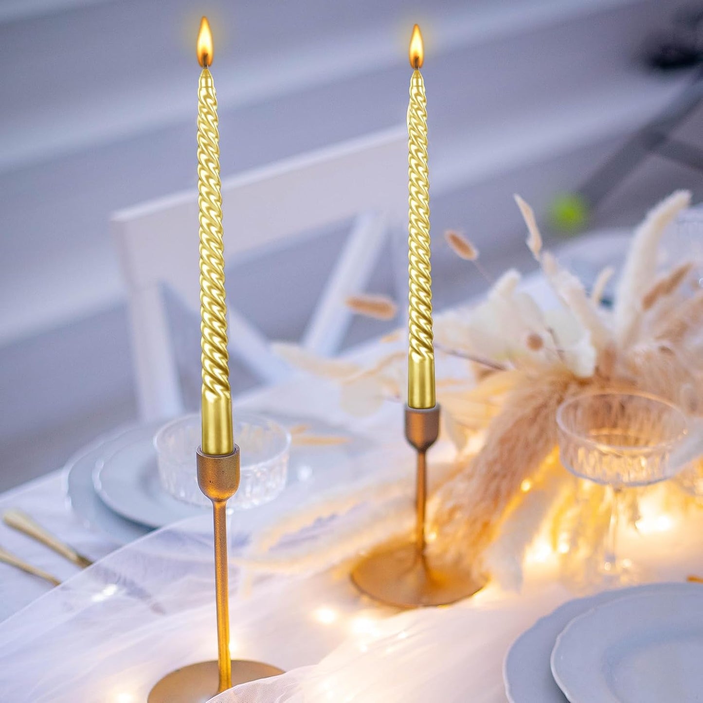 10 Inch Taper Candle Set of 12 - Long Burning Tapered Candles for Dinner Party, Wedding, Halloween (Gold)
