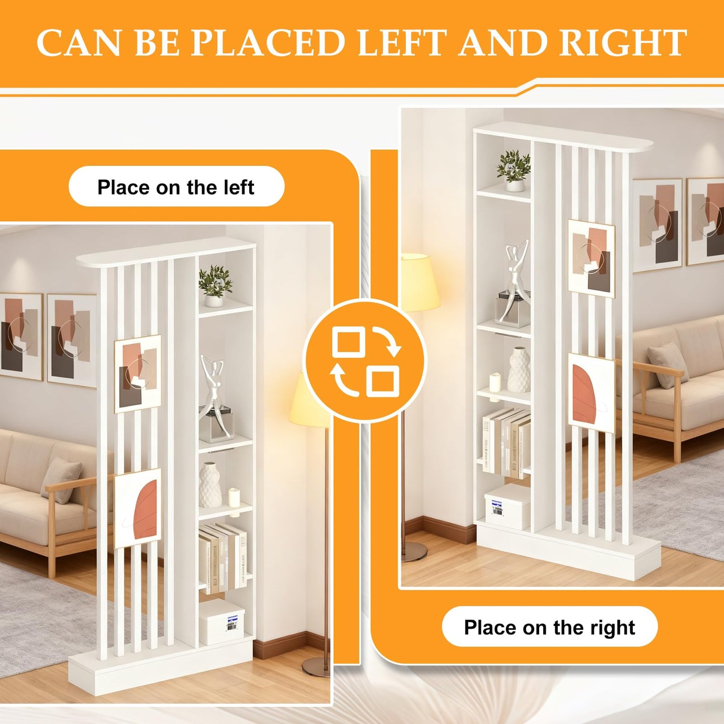 Wall Room Divider, Freestanding Wood Room Divider Shelf with Shelves, Divider Screen Separator Screen with Storage, Wall Divider for Room Separation, for Home Office Decorative(White,47.2IN)