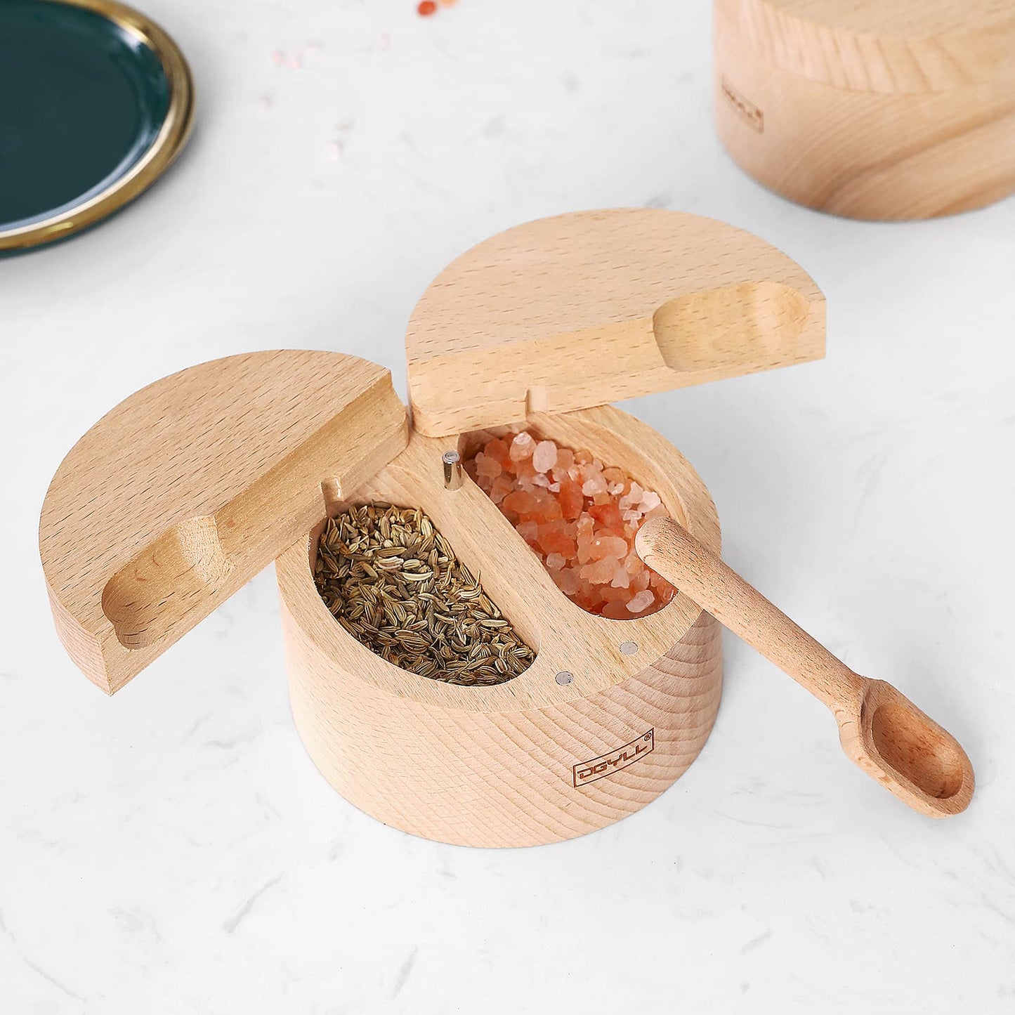 DGYLL Wooden Divided Salt Cellar With Lid And Spoon,Salt Box With 2 Compartment,Salt container with Magnetic Swivel lid, Beech Wood
