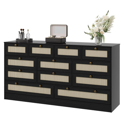 GarveeHome 12 Drawer Wooden Dresser for Bedroom, Rattan Chest of Drawers for Closet, Living Room, Hallway, 61 Inch Wood Wide TV Stand Dressers for 65 Inch TV, Modern Dresser for Adult Room