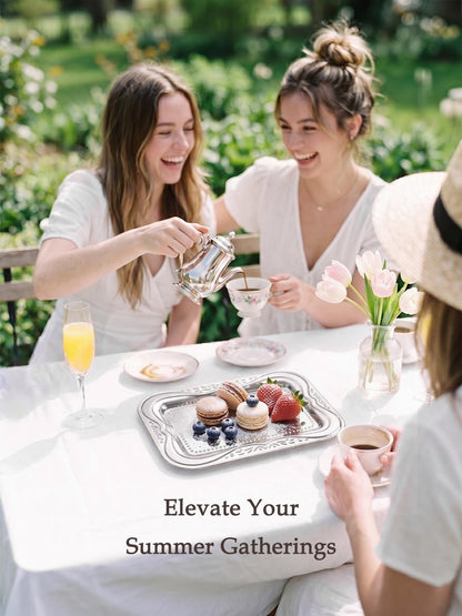4-Pack Silver Serving Trays Set - ZENOVLUX Lightweight Bow Floral Engraved Mirror Decorative Tray, 13.8" x 8.7" Party Platters for Easter, Food, Appetizer, Charcuterie, Cookies, Desserts