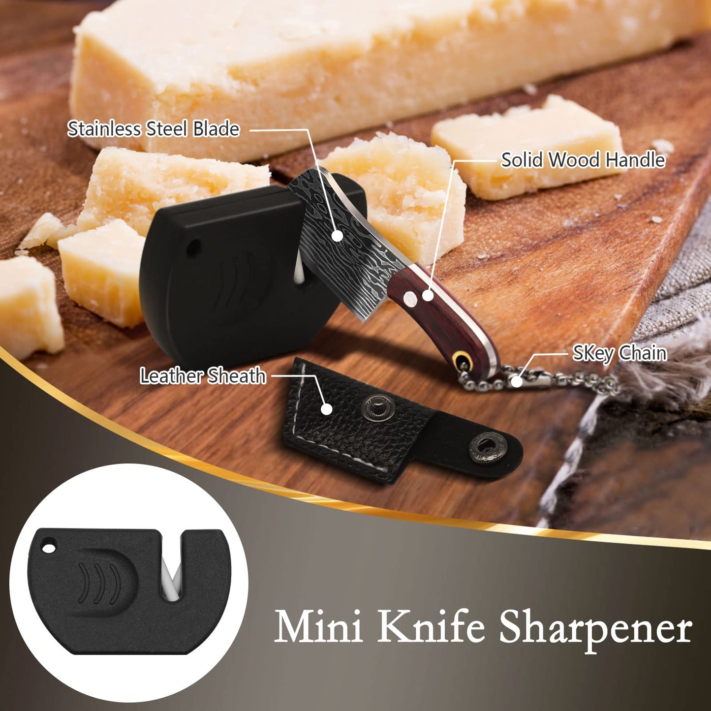 JAEZZIY Mini Knife Set, Damascus Pocket Knife with Sharpener, Mini Chef EDC Knives, Tiny knife Cleaver Keychain Tiny Things for Package Opener, Box Cutter, Letter Opener - Set of 5