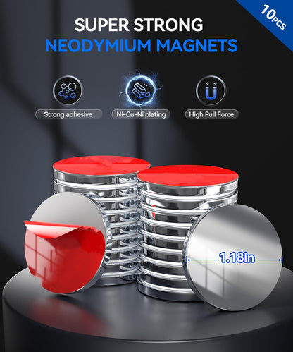 PHIXBEAR 10 Pack Neodymium Disc Magnets, 1.18" Diameter Ultrathin Rare Earth Magnets with Strong Double-Sided Tape, Powerful Magnets for Refrigerator, DIY Crafts, Kitchen & Office