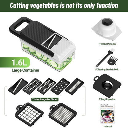StoreHappily 12-in-1 Vegetable Chopper, 7 Blades Veggie Chopper with Container and Lid, Dicer, Slicer, Multifunctional Kitchen Gadgets, Vegetable Cutter with Handle, Onion Cutter(Black/White)
