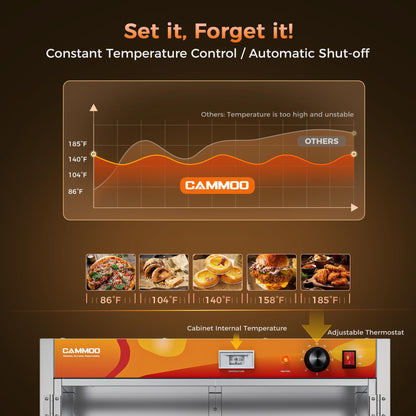 CAMMOO 133Qt 5-Tier 900W Commercial Food Warmer w/ 304 Blued Stainless Steel Heating Element, Double-Tempered Glass Door, Adjustable Shelf, Electric Catering Hot Box Countertop Heated Holding Cabinet