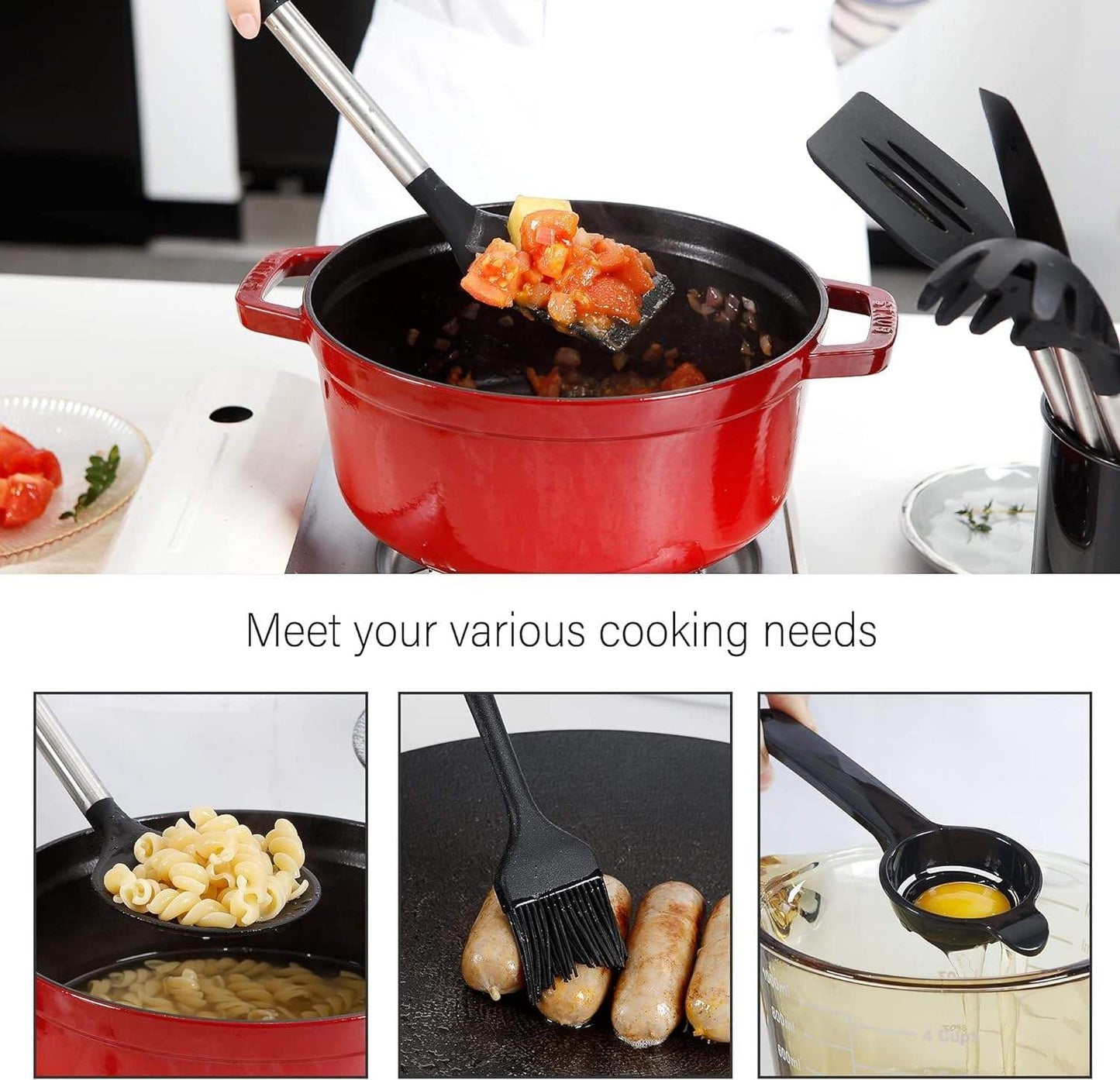 17-Piece Kitchen Utensils Set, Silicone Cooking Tools with Stainless Steel Handles, Heat Resistant Non-Stick Kitchen Set with Measuring Cups & Gadgets | SV Deals