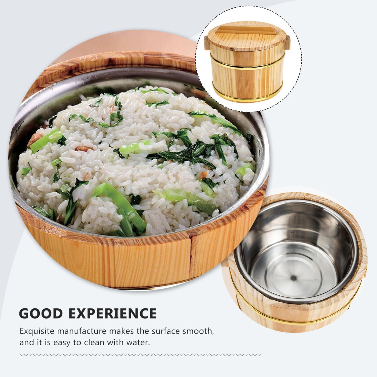 SHOWERORO Wooden Rice Bucket with Lid 6.3X4.7X4.3 Inch Japanese Style Sushi Rice Bowl and Bibimbap Mixing Tub Compact Wood Serving Dish for Home Kitchen
