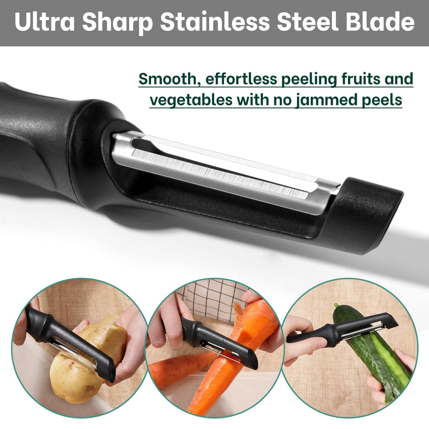 Beneno Swivel Vegetable Peeler, Razor-Sharp Smooth Peeling Potato Peelers with Stainless Steel Blades, Ergonomic Comfort Non-Slip Rubber Handle, Durable Kitchen Peelers with Potato Eye Remover, Black