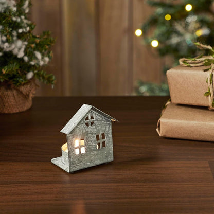 Metal Village House Tealight Holder by [Brand Name] - Antique Grey, 3.25x2.75x2 Inches