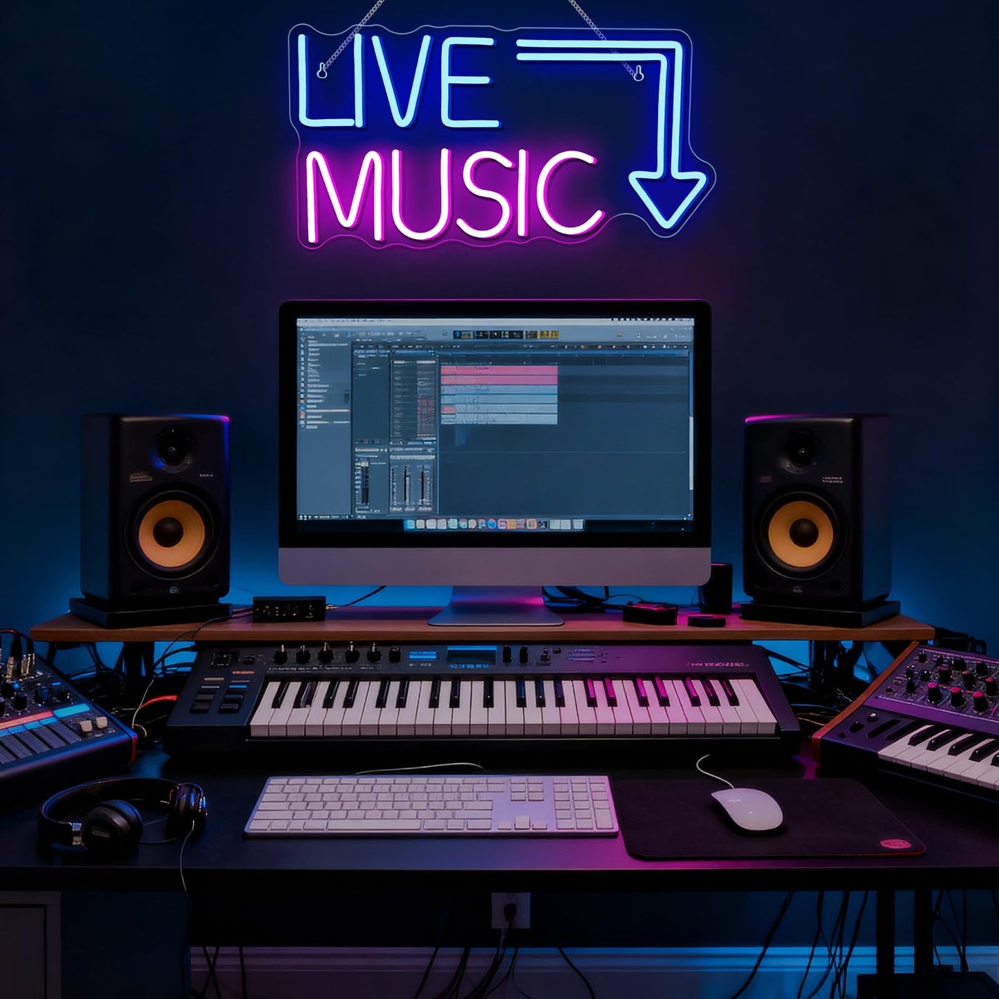 Live Music Neon Sign LED Neon Sign Large Blue and Pink Words for Music Studio USB Powered Switch for Wall Decor Beer,Bar,Bedroom,Party,Club