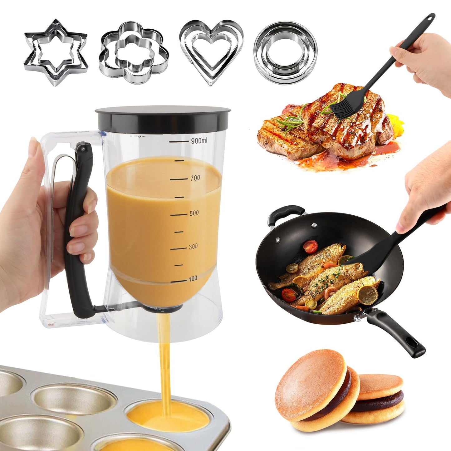 Pancake Batter Dispenser With Squeeze Handle Set, No Mess & Easy Pour, Includes Muffin, Hexagram, Heart and Flower Rings, Pastry Brush and Spatula – Ideal for Pancakes, Waffles and Cupcakes