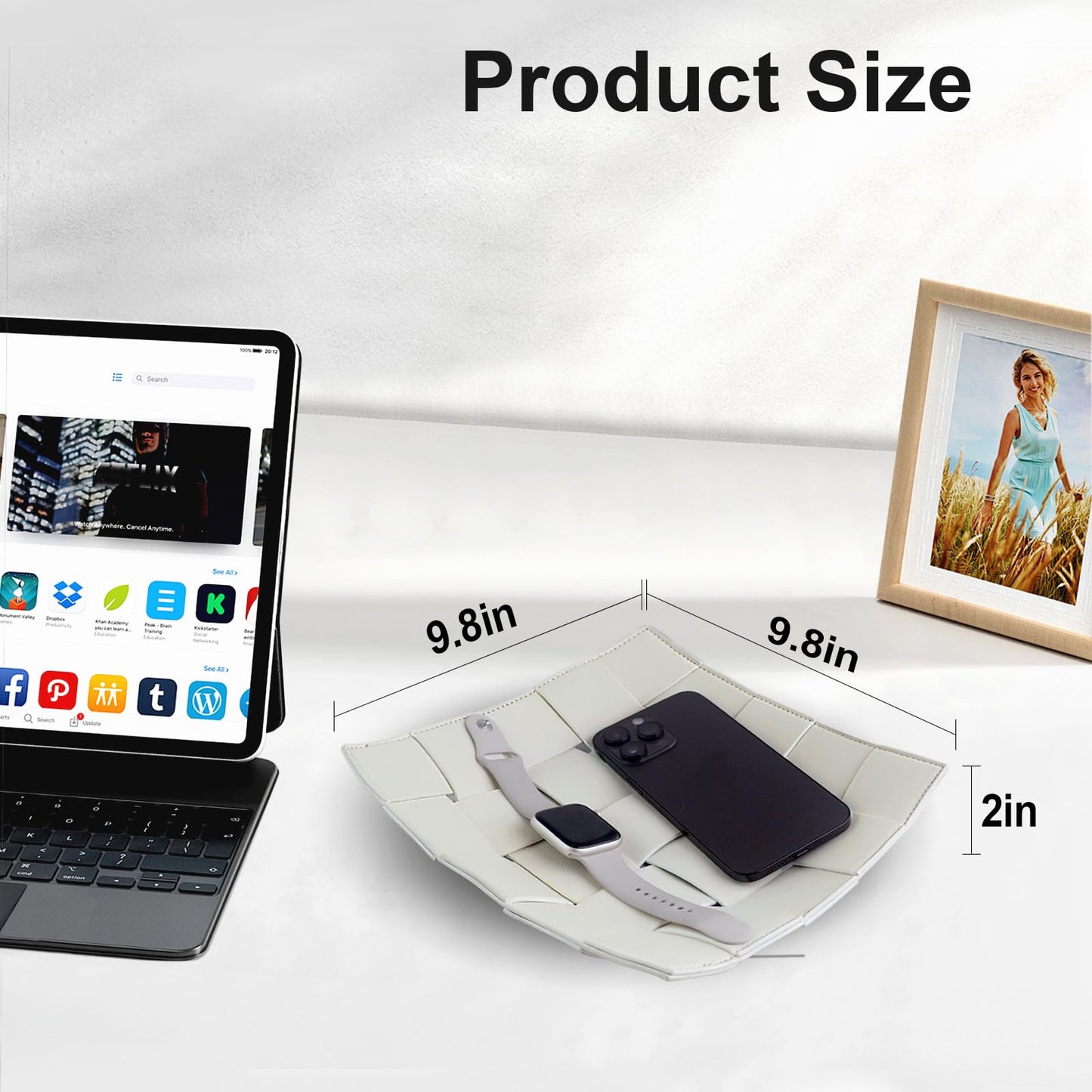 MSJGA Valet Tray for Men and Women PU Leather Key Holder Bowl for Entryway Table Bedside Nightstand Desk Catchall Organizer Tray for Wallet, Watch, Key, Phone Men's Gift - 9.8" L x 9.8" W x 2" H