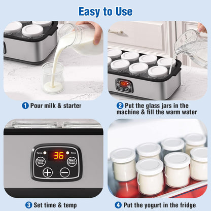 HOPERAN Yogurt Maker with Adjustable Time and Temp Control, Yogurt Maker Machine with Automatic Shut-Off & Constant Temper for Homemade Probiotic, Greek Yogurt, BPA-Free (Black Grey, 48 oz/8 Jars)