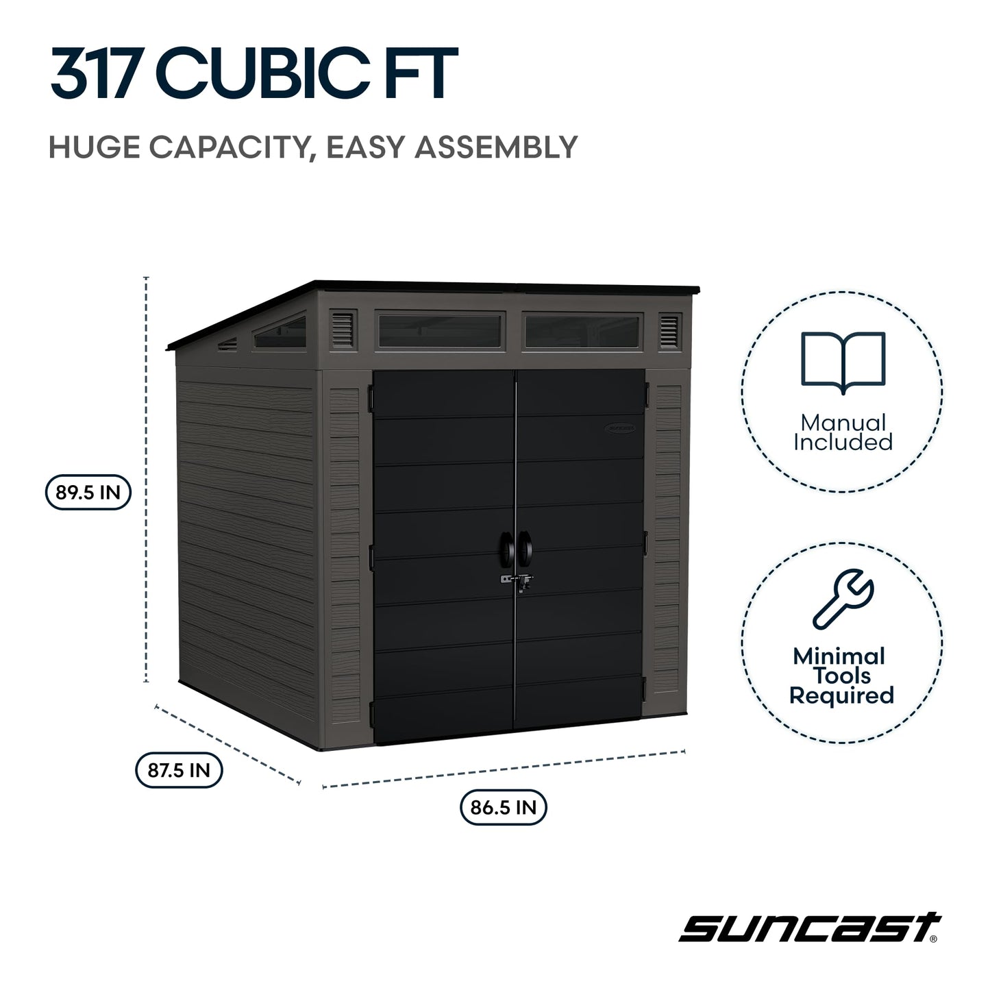 Suncast Modern Outdoor Storage Shed, 200 cu. ft. Peppercorn Resin Shed for Lawn Mower, Bikes, Utility Tools, Patio, & Yard. Weatherproof & Lockable Modern Sheds & Outdoor Storage, Made in USA