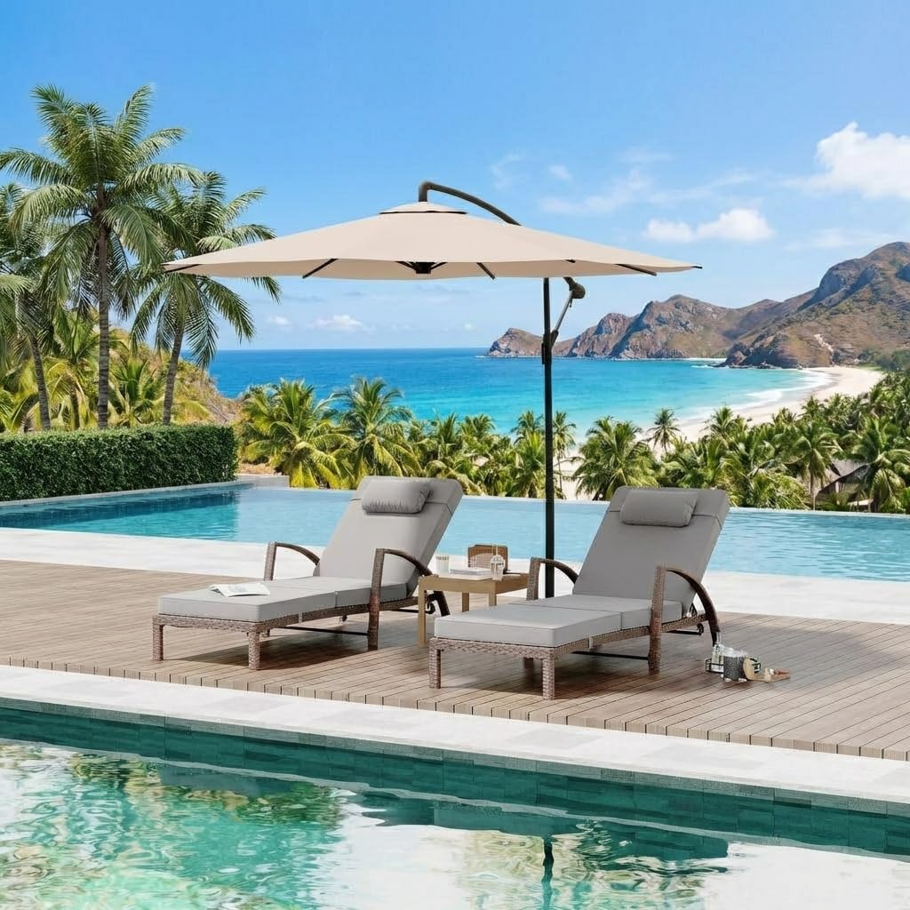 Garvee Outdoor Chaise Lounge Set of 2, 5-Position Adjustable PE Wicker Reclining Chairs with Wheels & 3.5" Cushions, 400 lbs Capacity All-Weather Patio Furniture for Poolside, Garden, Beach(Gray)