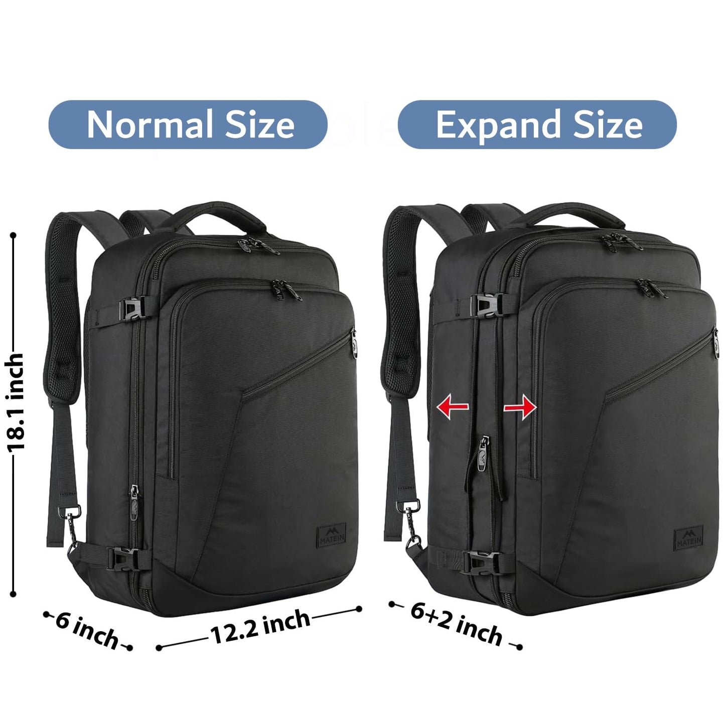 MATEIN Mens Travel Backpack, 27L Lightweight Carry on Backpack for Women, Expandable Business Backpacks, Waterproof Hiking Daypack for Outdoor Sports Rucksack Casual Daypack, Travel Essential, Black