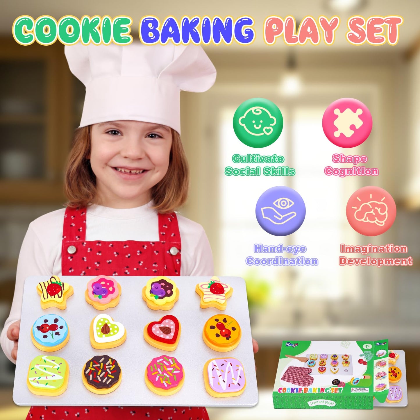 Slice and Bake Wooden Cookie Play Food Set for Kids Kitchen - Toy Food Accessories - Kids Pretend Cookies and Baking Sheet, Toy Baking Set for 3+ Year Old Boys Girls Birthday Gifts