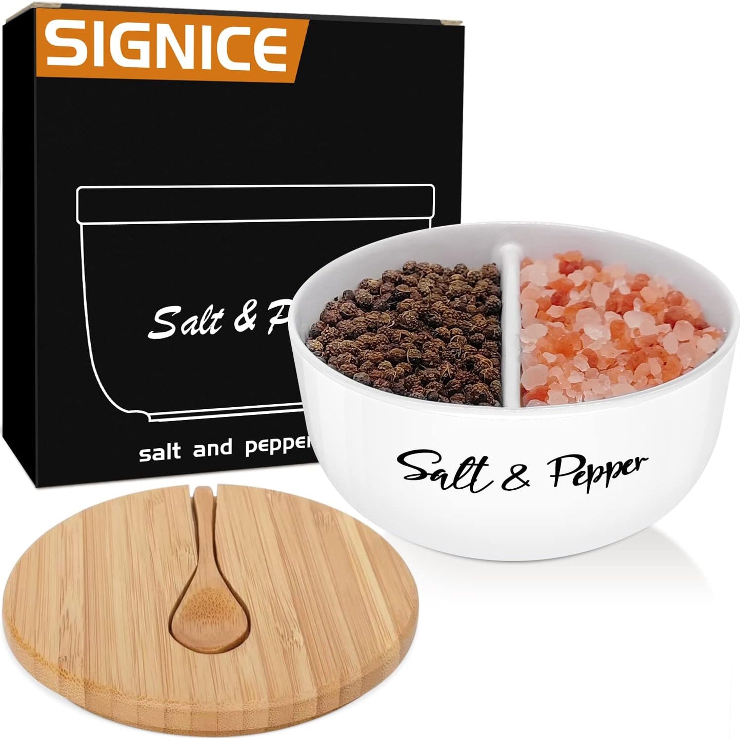 Ceramic Salt and Pepper Bowls with Bamboo Lid, Farmhouse Salt Box Holder Set for Countertop Modern Kitchen Decor