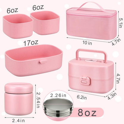 Bento Lunch Box for Kids with 8oz Soup Thermo,2 Leak-Proof Food Containers, a Lunch Bag, Kids Thermo Insulated Hot Food Jar for School, Travel-Pink
