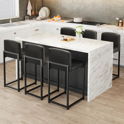 GarveeHome Bar Stools Set of 6, Modern Counter Height Bar Stools with Back and Footrest, Faux Leather Upholstered Barstools Chairs for Kitchen Island Dining Room Bar, Black