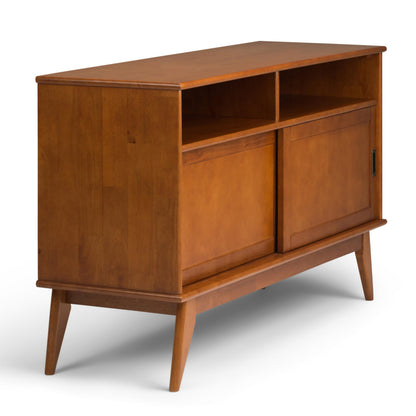 SIMPLIHOME Draper TV Stand - 54 inch Wide Solid Wood Tall Media Console in Teak Brown, Mid Century Modern Entertainment Center for Living Room for TVs up to 60 Inches with Shelves and Cable Management