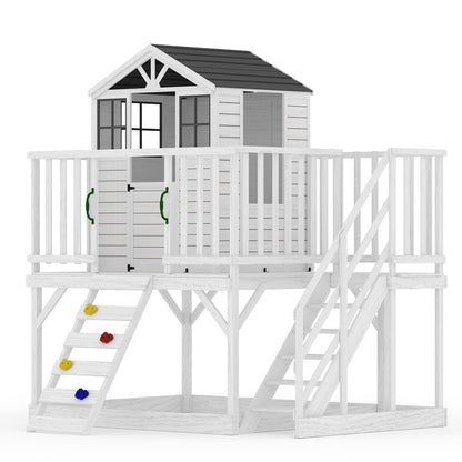 GarveeLife Outdoor Wooden Playhouse with Climbing Wall, 2 Story Wooden Playhouse with Step Ladder, Elevated Modern Cedar Playhouses Kids