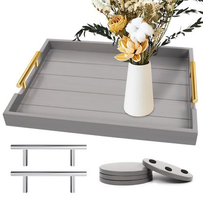 SXNOWS Wooden Serving Tray with 2 Sets of Handles,Large Ottoman Tray for Living Room, Rectangular Wood Tray for Coffee Table, Modern Farmhouse Kitchen Decor, 4 Round Coasters Included,Gray